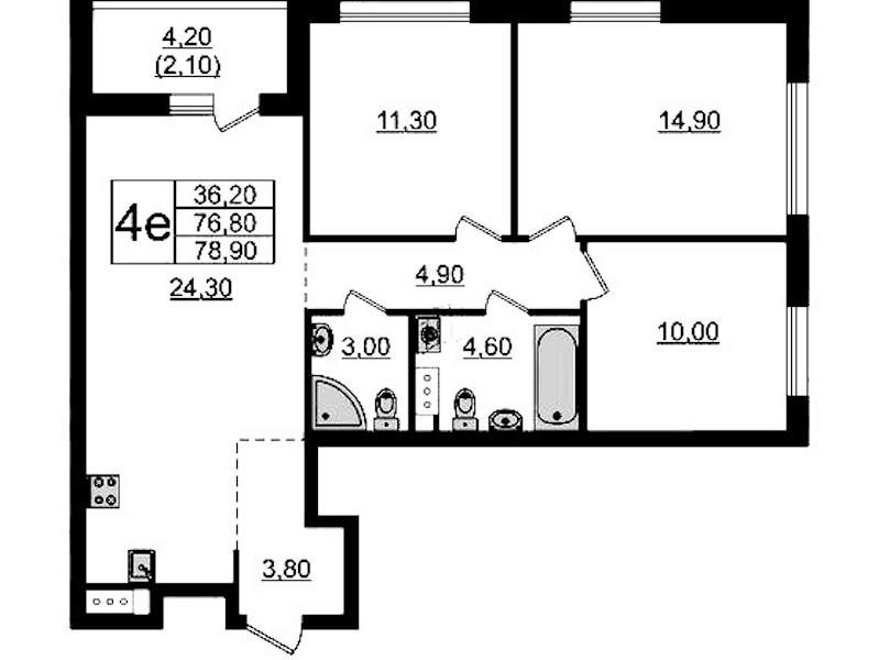 3-комнатная квартира 78.9 м², 5/9 эт., ЖК «А101 Лаголово»